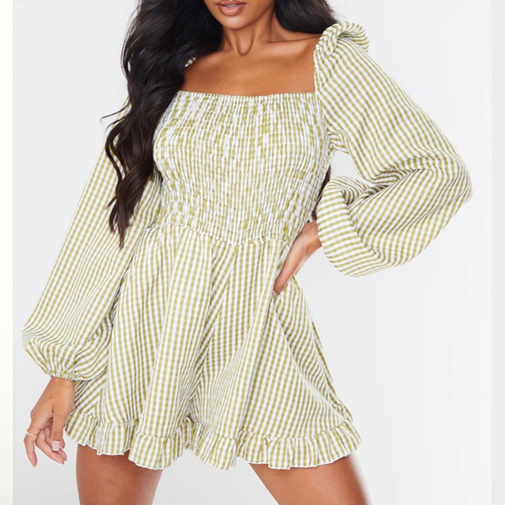 PrettyLittleThing Green Gingham Plaid Shirred Frill Hem Romper
